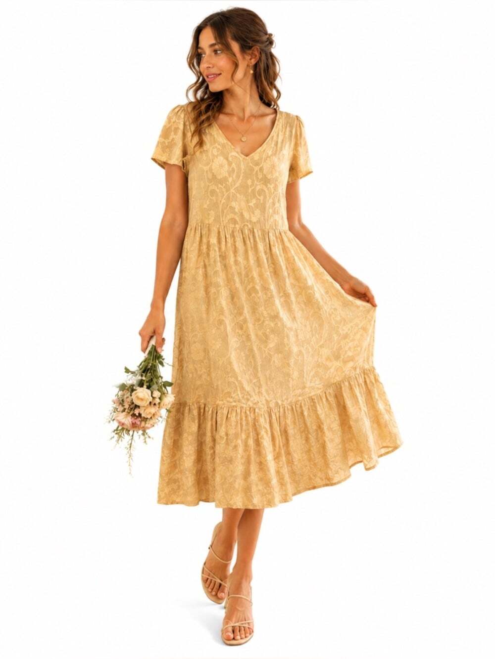 YEST Summer Dress Women Size 6 Yellow Paisley Tiered Boho Chic Vacation